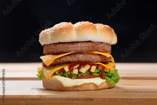 Fast food Burger, Meat, Different type of sandwiches on a white and black background.