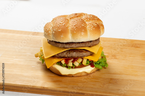 Fast food Burger, Meat, Different type of sandwiches on a white and black background.