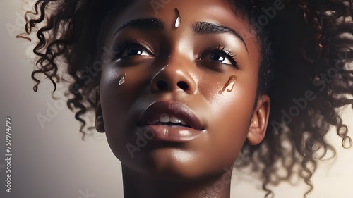 Close-up portrait of tearful black woman. Hopeless woman in dark background 