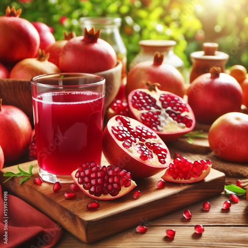  taste of summer in the garden! A glass of vibrant pomegranate juice and a bounty of ripe fruits rest on a rustic wooden table. photo