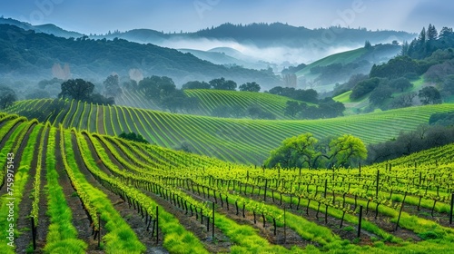 Serene vineyard landscape with grapevines rows and mountainous background for text placement