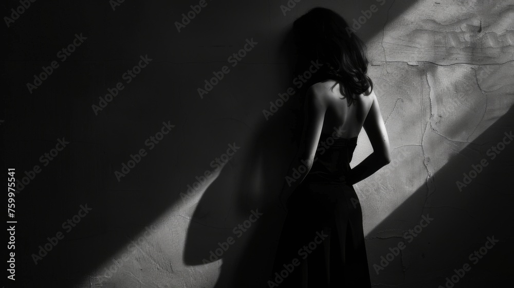 Silhouette of a young woman in a dark room with shadows