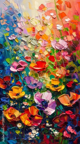 A painting showcasing vibrant flowers of various colors arranged in a vase. © pham