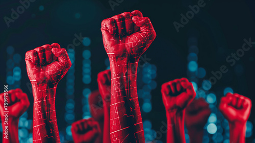 Red digital fists raised high, symbolizing digital activism and empowerment sign © Ummeya