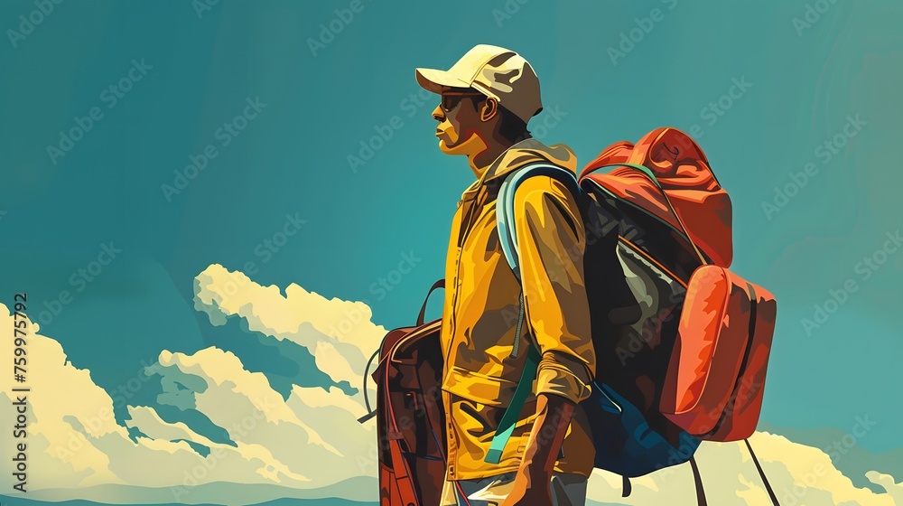 Fototapeta premium Illustration of a traveler. Cartoon style with cheerful color template.