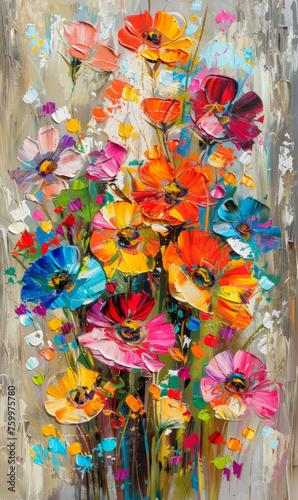 A painting of vibrant flowers in a vase, showcasing different colors and varieties in a realistic style.