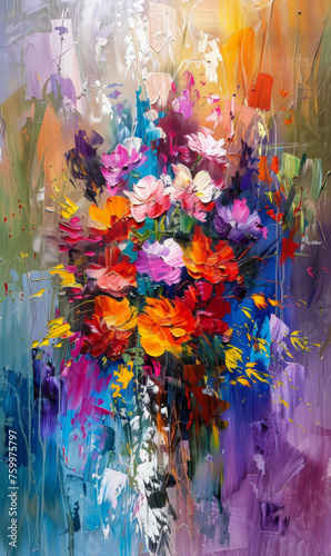A painting featuring a vase overflowing with vibrant and diverse flowers in an array of colors.