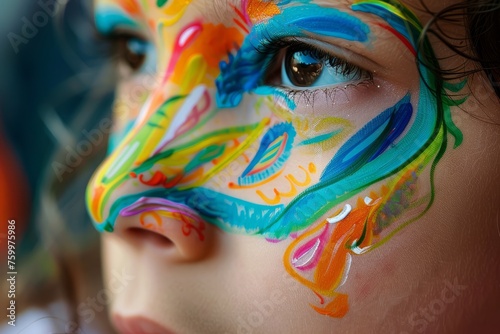 A girl child's face painted artwork during Children's Day close up