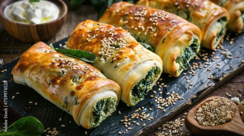 Turkish borek rolls with spinach and cheese.  photo