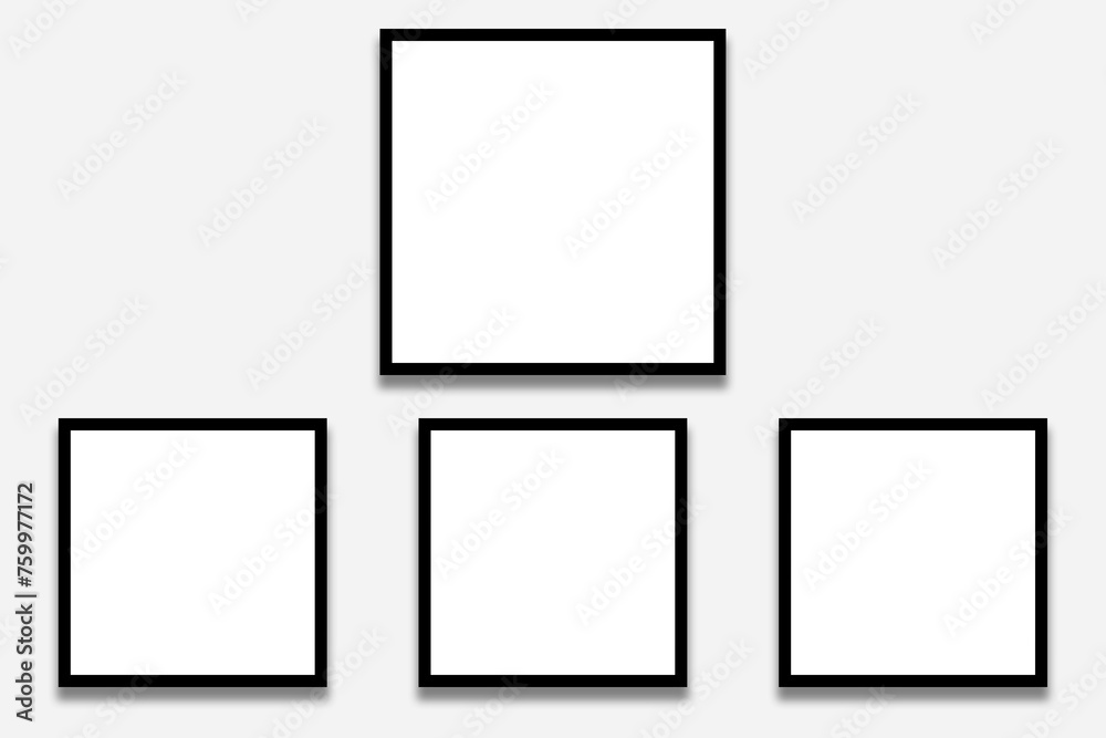 4 Blank white square photo frames with black borders in a simple layout. Used as a printable photo collage template or a mock up for album pictures or photographs collection in a gallery wall style.