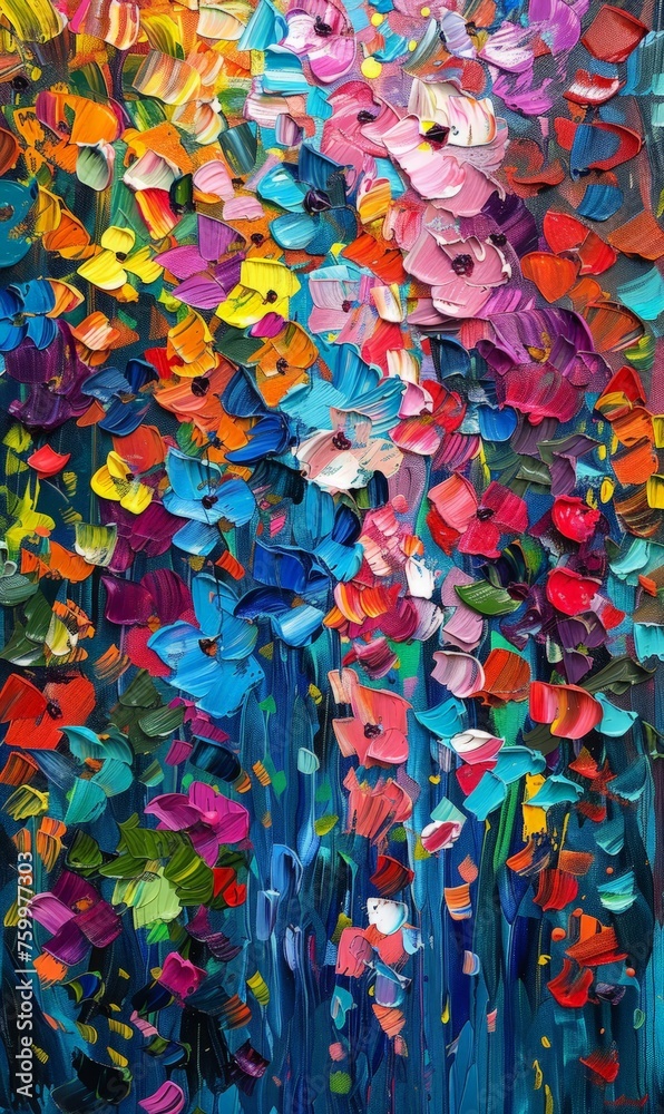 A vibrant painting featuring an array of colorful flowers against a blue background.