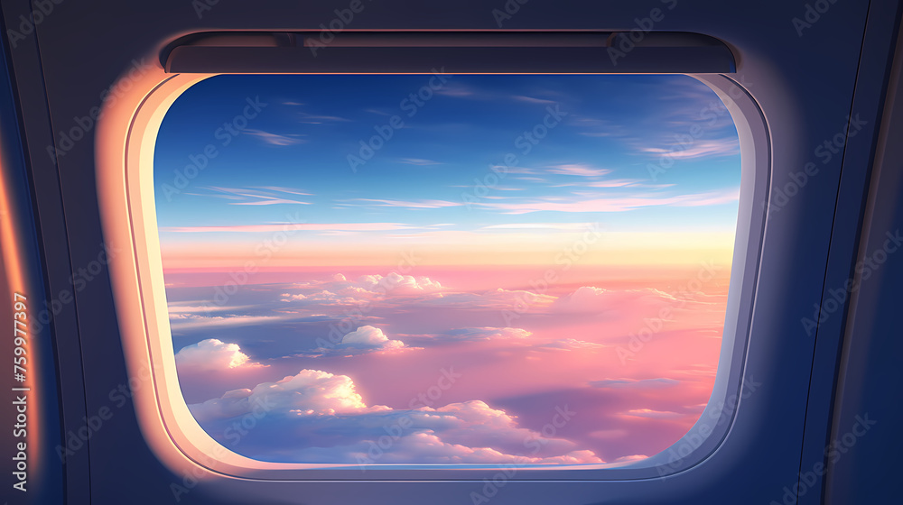 Admire the peaceful cloudscape through the airplane window - obrazy, fototapety, plakaty 