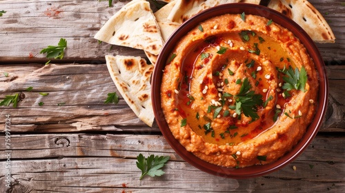Roasted red pepper hummus with pita bread on wooden background.  photo