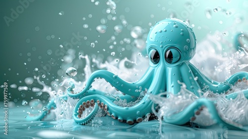 Cartoon octopus amidst splashing water.