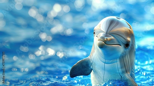 Smiling dolphin in sparkling blue water.