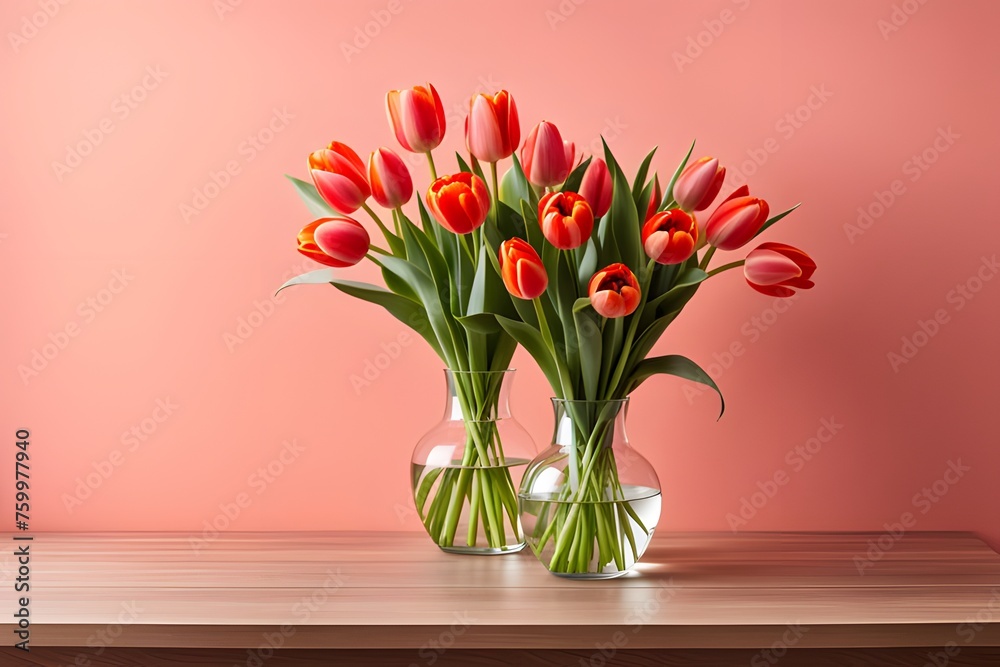 A vase of red tulips sits on a wooden table