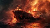 fire in the seaport burning ship, cargo ship