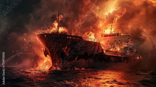 fire in the seaport burning ship, cargo ship photo