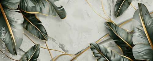 Luxury gold nature background. Floral pattern, Golden bananas, palms, exotic flowers, line arts illustration. AI generated illustration