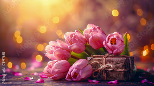Springtime bloom, vibrant tulips and soft violet blossoms