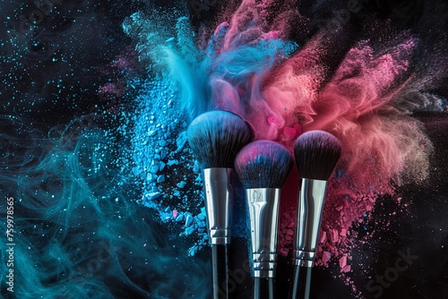 cosmetic brushes with colorful powder explosion background photo