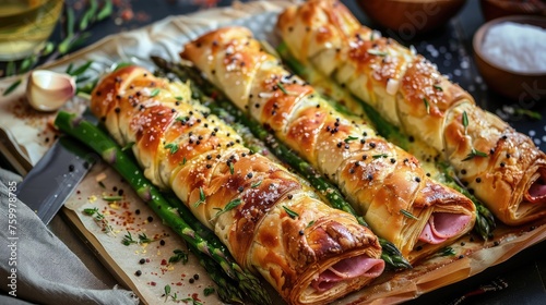 Baked green asparagus with ham and cheese in puff pastry sprinkled.