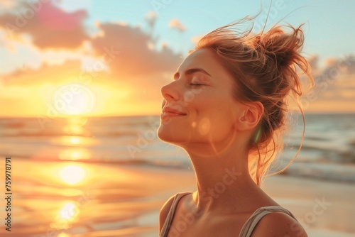 a woman at beach is smiling, sunset