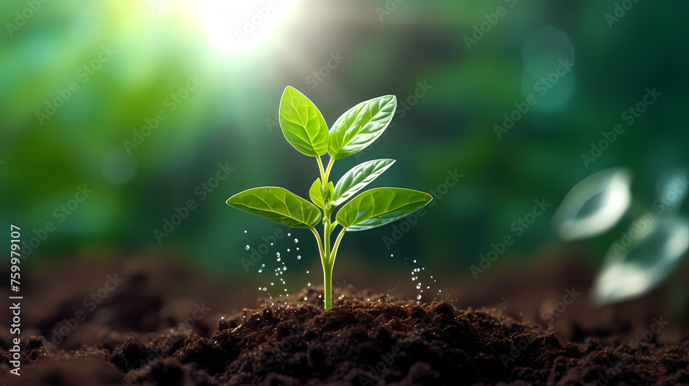 Seedlings sprouting in fertile soil at sunrise - obrazy, fototapety, plakaty 