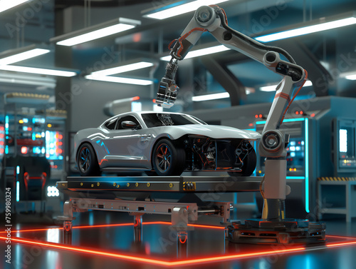 A robotic arm precisely installing parts on a sports car in a modern, illuminated automotive factory photo