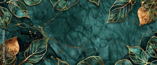 Luxury background with golden line art leaves on emerald green marble texture. AI generated illustration #759980501