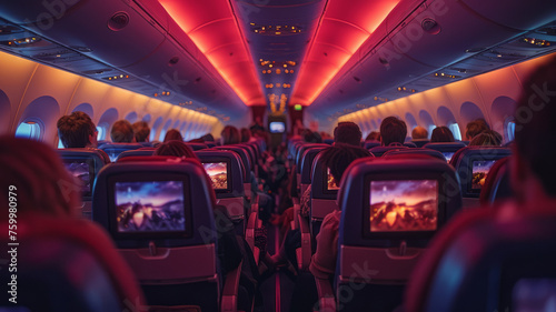 the cabin of a plane, people are watching movies on the tiny plane screen on back of seat,generative ai