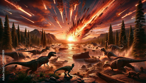 Dinosaurs fleeing from a catastrophic meteor shower at sunset. photo