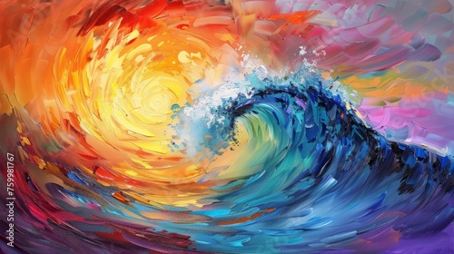 A vibrant painting depicting a lively wave crashing in the ocean, with a beautiful array of colors blending together.