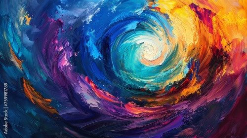 An abstract painting featuring vibrant colors swirling in a dynamic and energetic pattern.