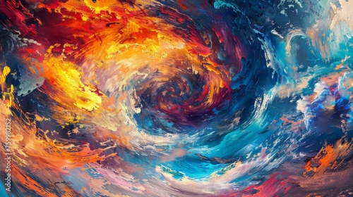 An abstract painting featuring vibrant colors swirling together in a lively and dynamic composition.