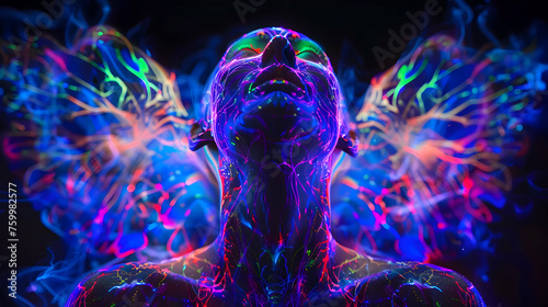  contrast lines, shaping an ethereal figure that transports viewers to the exhilarating world of a music festival rave, set against a deep black background