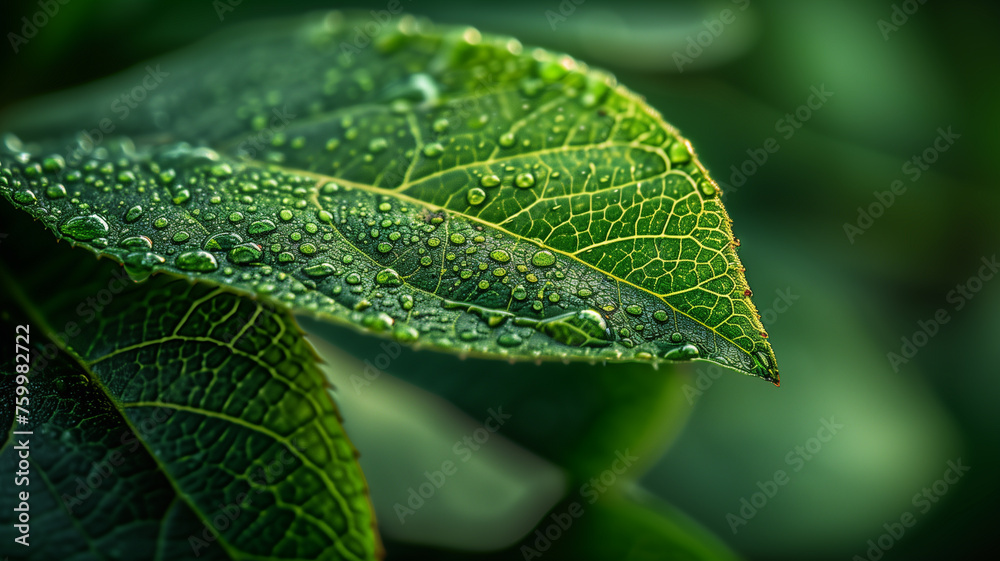 A leaf with water droplets on it A leaf with water droplets on it
