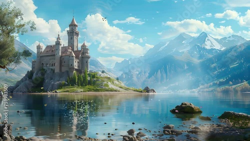 Enchanting castle standing proudly on a secluded island surrounded by calm waters. Seamless Looping 4k Video Animation © ARSTUDIO