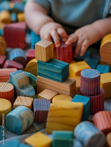 Les mains d'un enfant jouant avec des blocs de construction en bois multicolores.  photo
