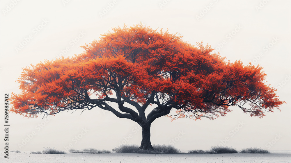 A large tree with red leaves stands alone in a field