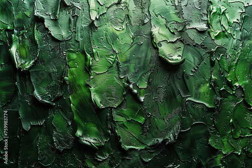 Green background with dabs of green paint of various sizes and shapes, creating a textured and abstract look. The overall mood of the painting is chaotic