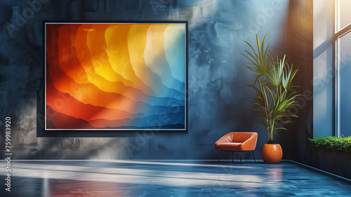 A large painting of a colorful wave is hanging on a wall in a room