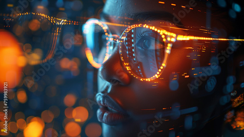 A woman wearing glasses is looking at a blurry reflection of herself