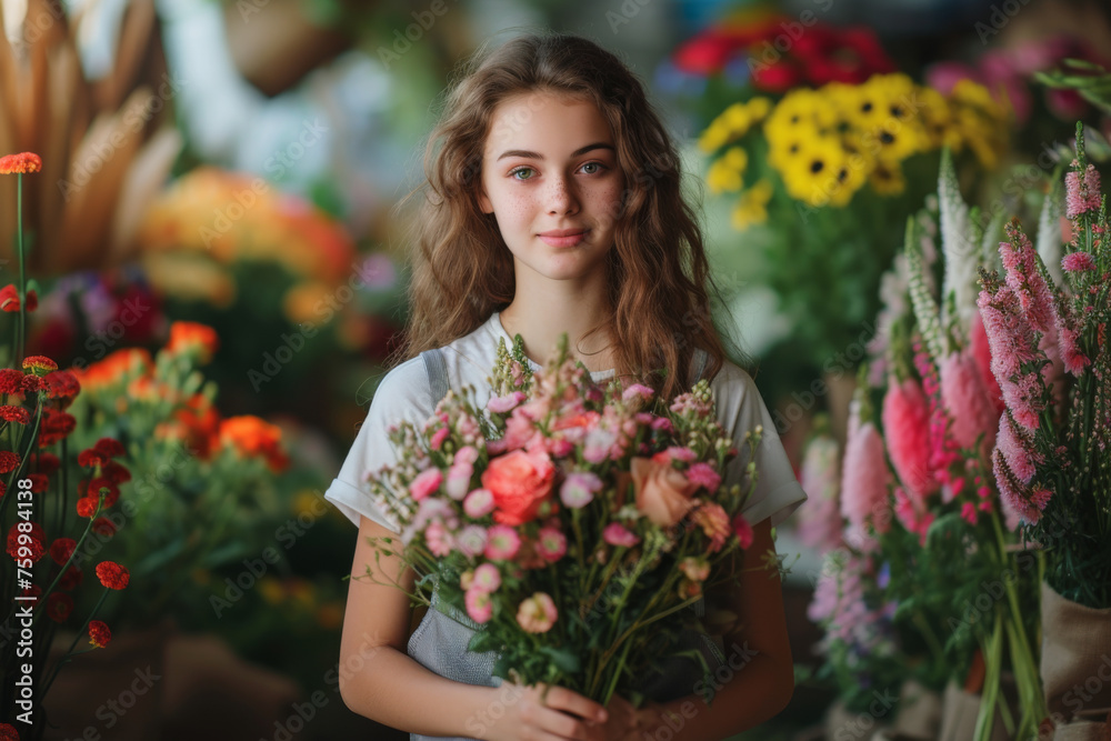 Serene Young Woman Holding Bouquet at Florist Shop Serene Young Woman Holding Bouquet at Florist Shop