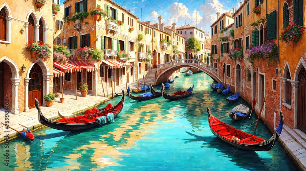 Venice canals with gondolas atmospheric landscape , oil painting style illustration