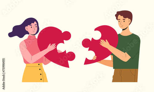 Young man and woman holding pieces of heart that is matching. Love couple match. Valentine's day. Soulmate. Heart jigsaw. Date or blind date. Flat vector illustration character.