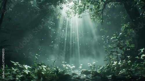 Tranquil forest glade with sunlight filtering through trees, ideal for text placement