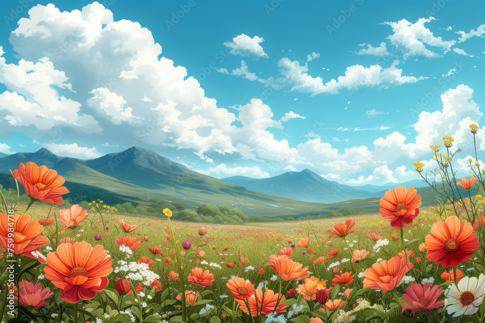 Vibrant Meadow with Blooming Flowers and Majestic Mountains Under a Clear Blue Sky
