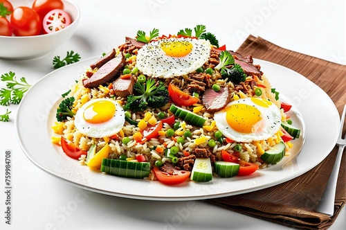 A plate of food with a fried egg on top and a tomato on the side