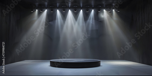 A high-definition product platform with a soft, matte black finish and an array of pinpoint spotlights above, creating a dramatic effect 